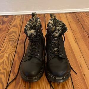 Dr. Martens’s waterproof black combat boots leopard fur lining.Youth size 3